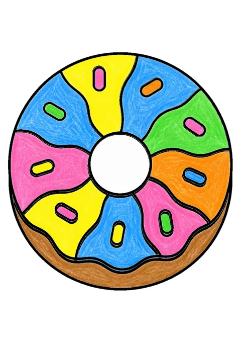 Completed crayon-colored example of the Donut with sprinkles coloring page