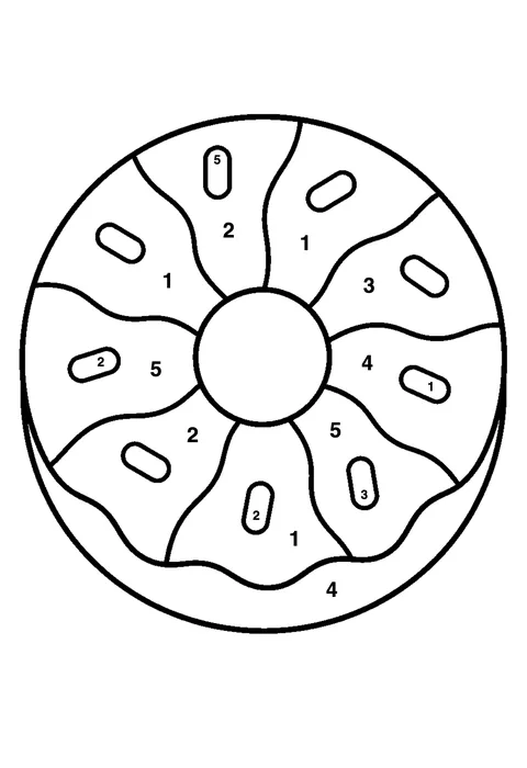 Donut with sprinkles coloring page with numbered areas and a color key for color by number