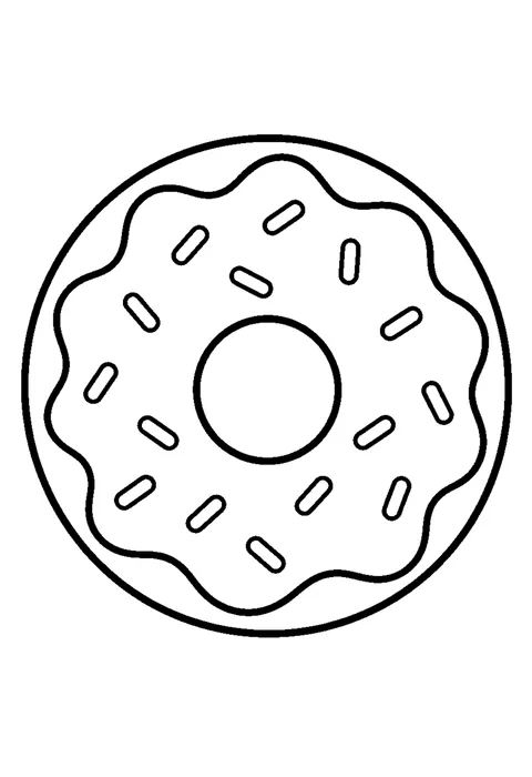 Line drawing of a ring donut with icing dripping over the top and sprinkles scattered across it.