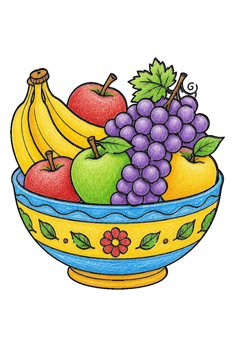 Completed crayon-colored example of the Fruit bowl coloring page