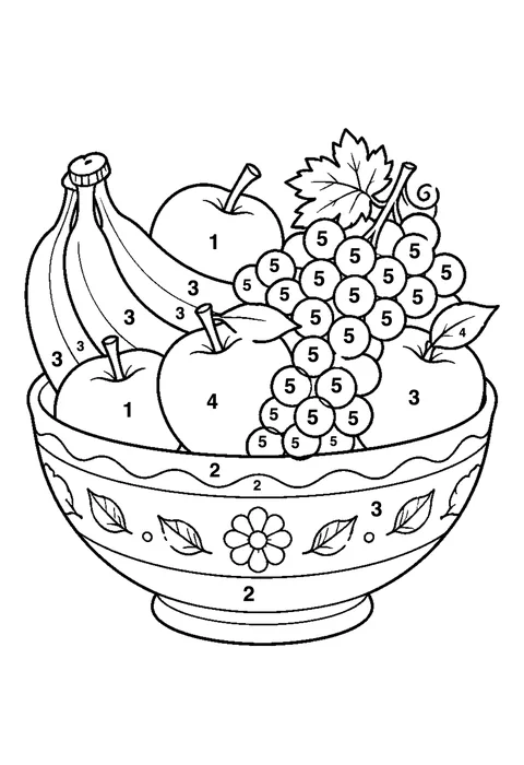 Fruit bowl coloring page with numbered areas and a color key for color by number