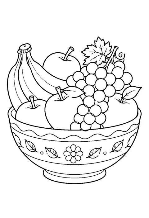Detailed outline drawing of a bowl of fruit with an apple, pear, grapes, a banana and cherries.
