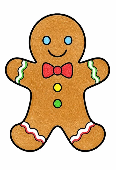Completed crayon-colored example of the Gingerbread person coloring page