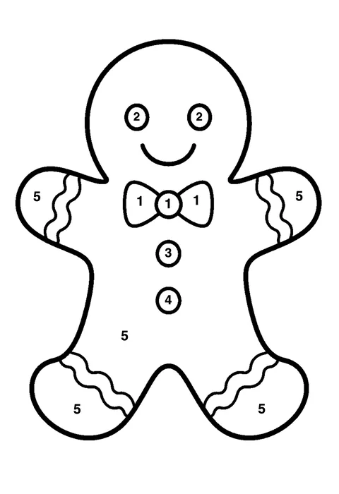 Gingerbread person coloring page with numbered areas and a color key for color by number