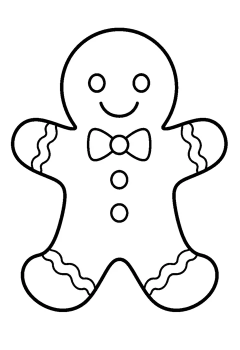 Line drawing of a gingerbread person with icing cuffs, three round buttons and a piped smile.