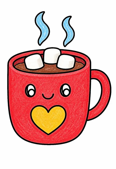 Completed crayon-colored example of the Hot cocoa mug coloring page