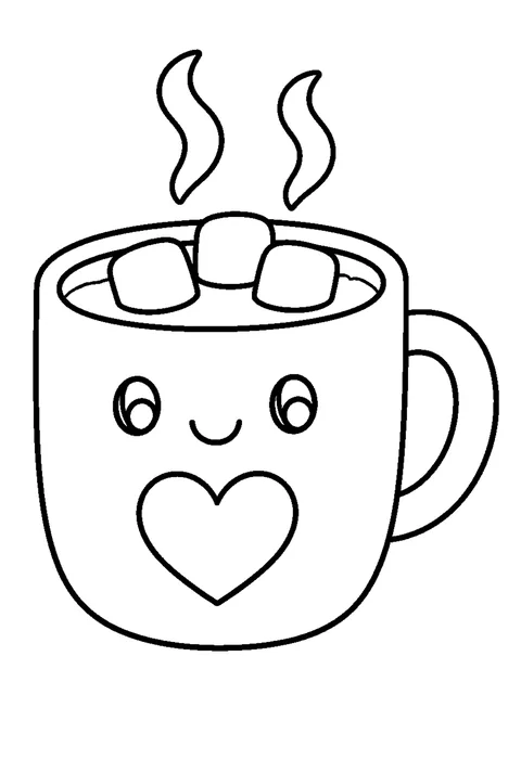 Line drawing of a wide mug of hot cocoa with three marshmallows floating on top and steam curling above.