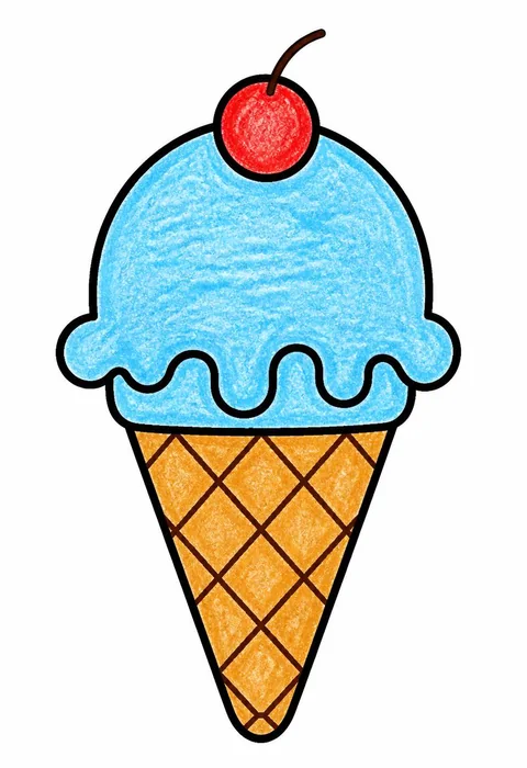 Completed crayon-colored example of the Ice cream cone coloring page