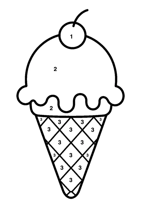Ice cream cone coloring page with numbered areas and a color key for color by number
