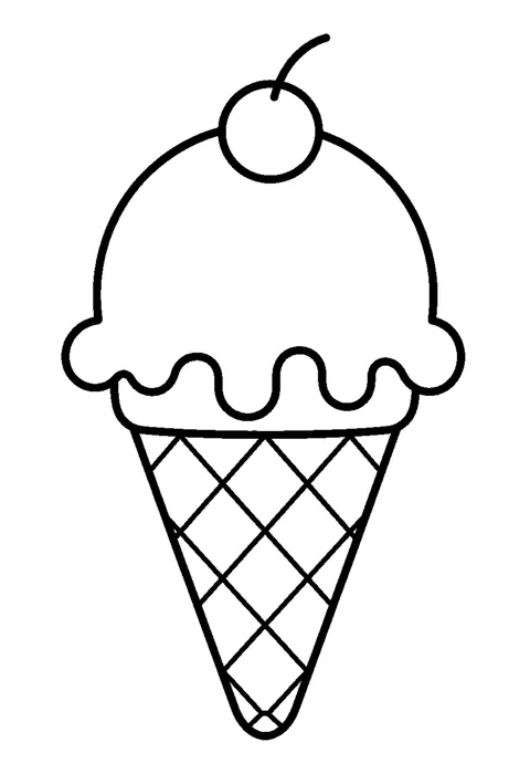 Line drawing of two scoops of ice cream in a waffle cone with a cherry on top and a drip down the side.