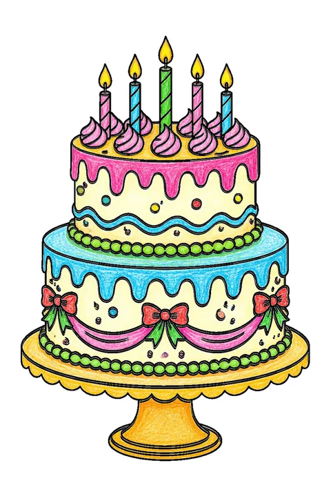 Completed crayon-colored example of the Layered birthday cake coloring page