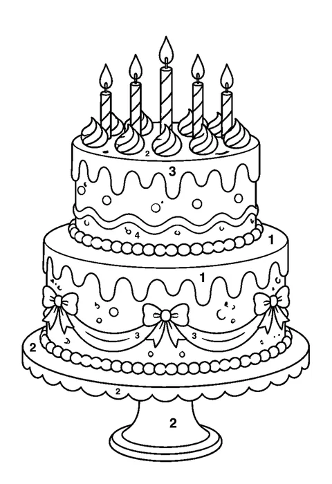 Layered birthday cake coloring page with numbered areas and a color key for color by number