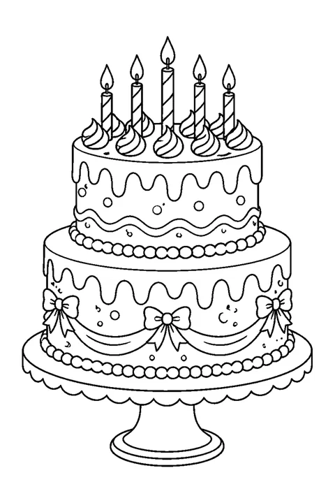 Detailed outline drawing of a three-tier birthday cake with piped borders, candles and a cut slice showing the layers.
