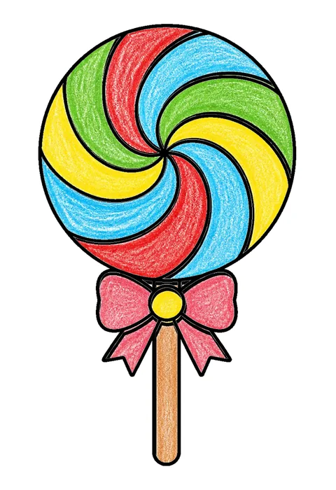 Completed crayon-colored example of the Lollipop swirl coloring page