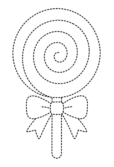 Tracing outline of a round lollipop with a spiral pattern and a bow on the stick, drawn in dashed lines.