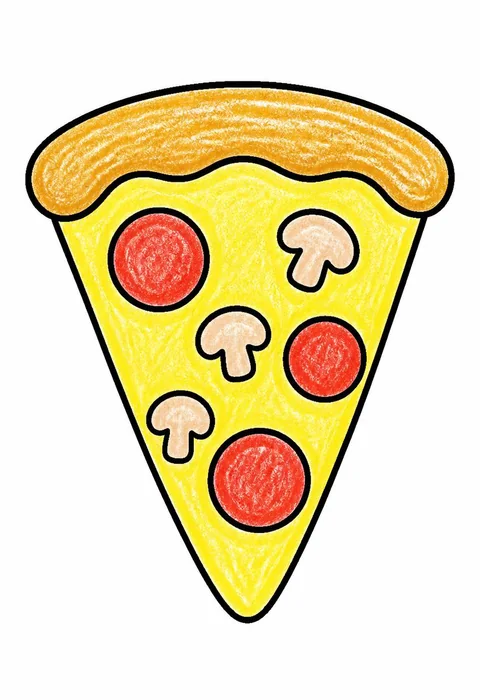 Completed crayon-colored example of the Pizza slice coloring page
