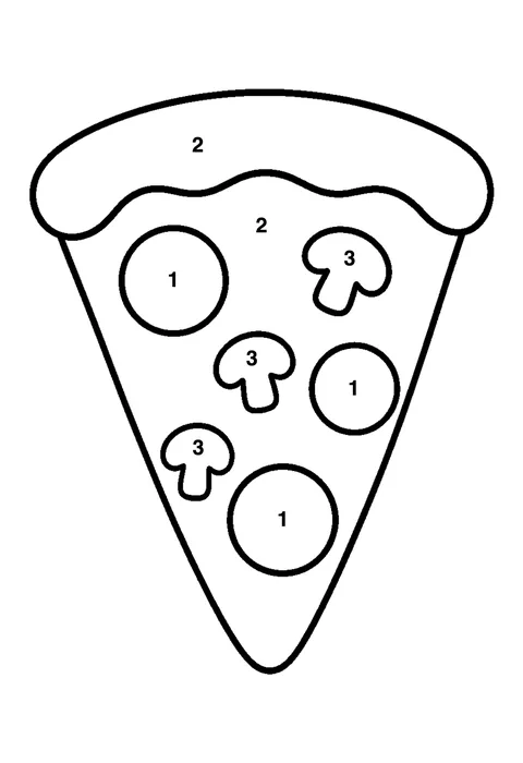 Pizza slice coloring page with numbered areas and a color key for color by number