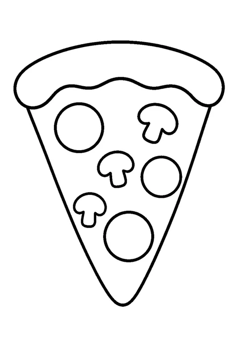 Line drawing of a pizza slice with pepperoni, mushrooms and a string of cheese hanging from the point.