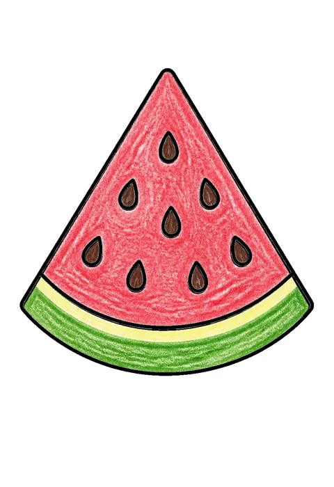 Completed crayon-colored example of the Slice of watermelon coloring page