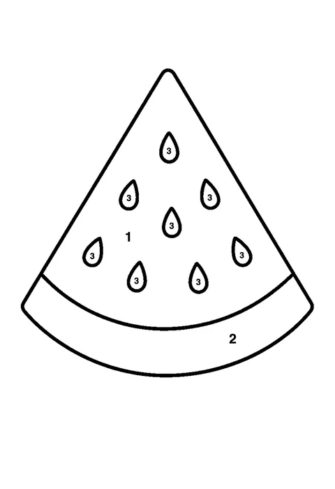 Slice of watermelon coloring page with numbered areas and a color key for color by number