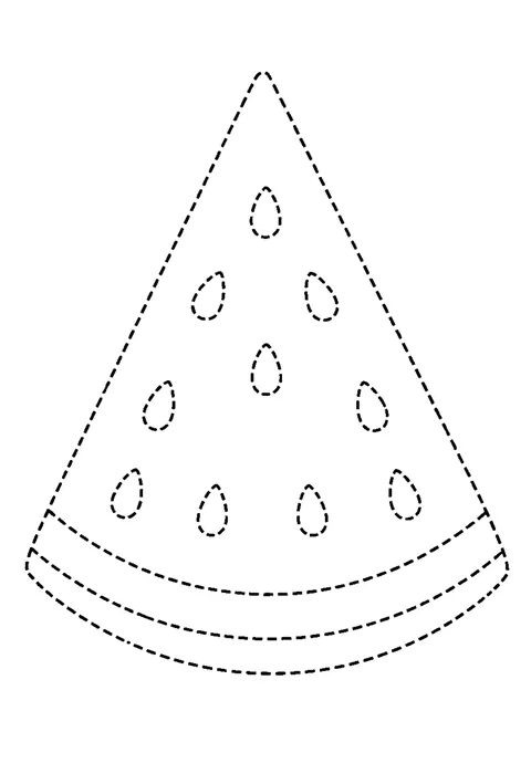 Tracing outline of a wedge of watermelon with seeds and rind, drawn in dashed lines.