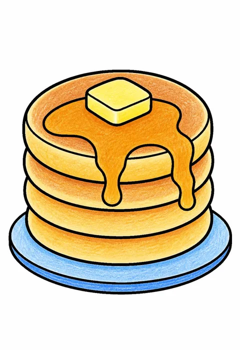 Completed crayon-colored example of the Stack of pancakes coloring page