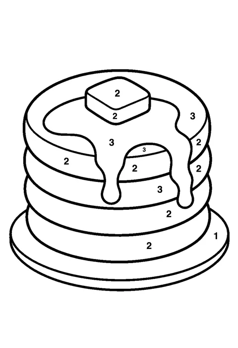 Stack of pancakes coloring page with numbered areas and a color key for color by number