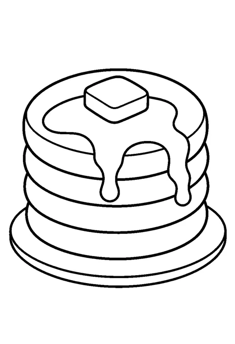 Line drawing of four stacked pancakes with syrup running down the side and butter melting on top.