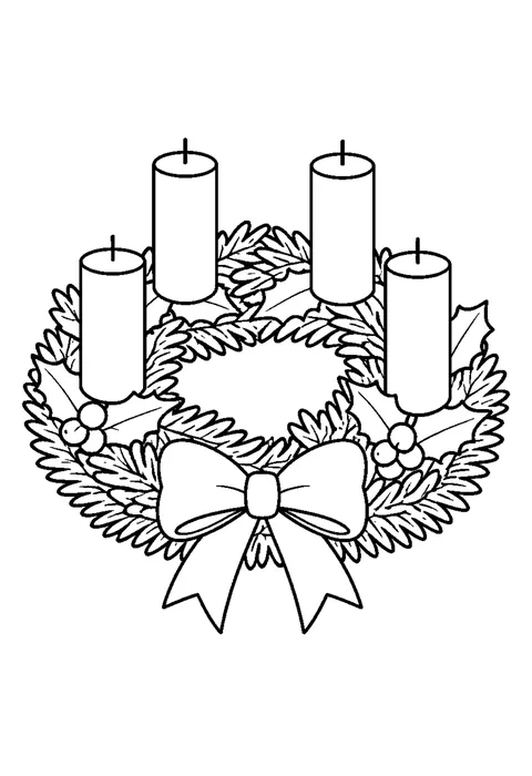 An evergreen wreath with exactly four unlit candles, holly leaves and a ribbon bow.