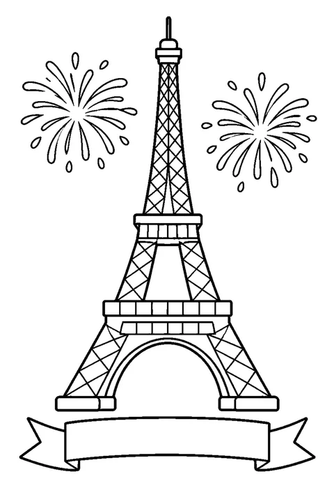 A simple Eiffel Tower with an arched base beneath two outlined firework bursts.