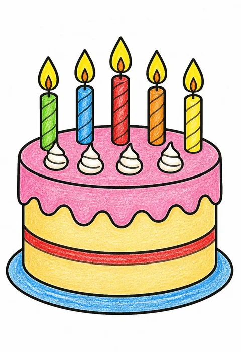 Completed crayon-colored example of the Birthday cake with candles coloring page