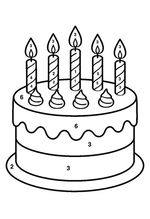 Birthday cake with candles coloring page with numbered areas and a color key for color by number