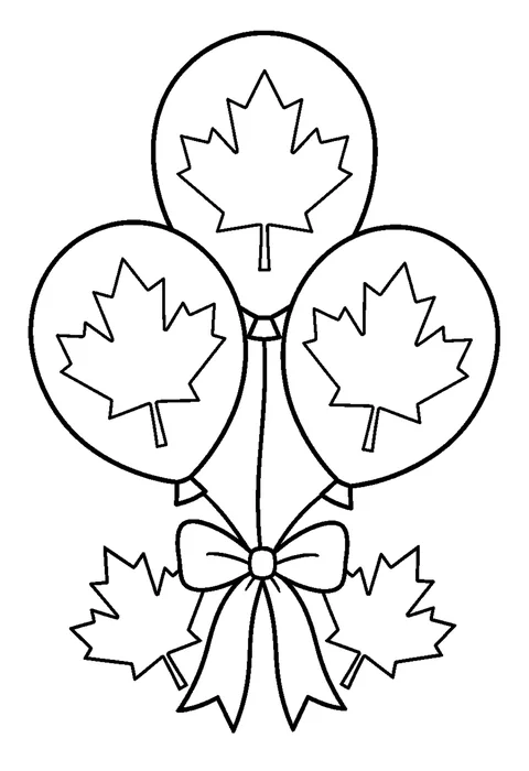 Three balloons decorated with outlined maple leaves and tied with a ribbon.