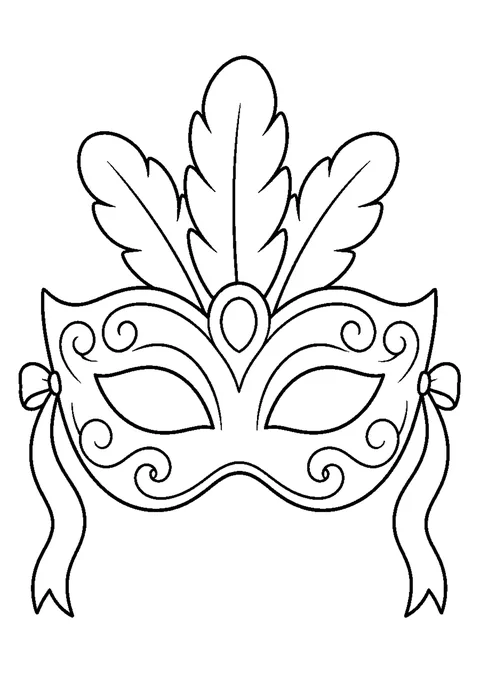 A symmetrical carnival mask with empty eye holes, rounded feathers and ribbon ties.