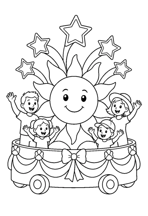 A smiling sun on a wheeled parade float decorated with ribbons and stars.