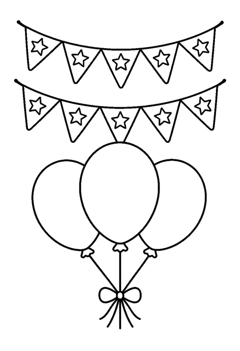 Triangular bunting decorated with stars above three tied balloons.