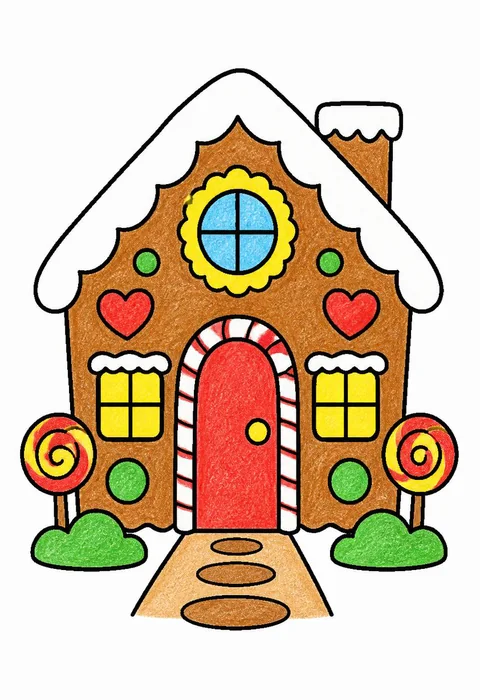 Completed crayon-colored example of the Christmas gingerbread house coloring page