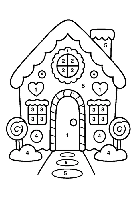 Christmas gingerbread house coloring page with numbered areas and a color key for color by number