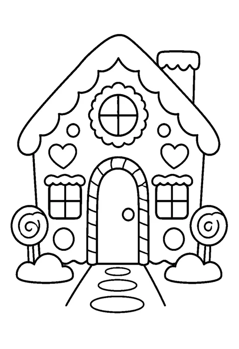 Line drawing of a gingerbread house with a scalloped roof, a door and two round sweets on the wall.