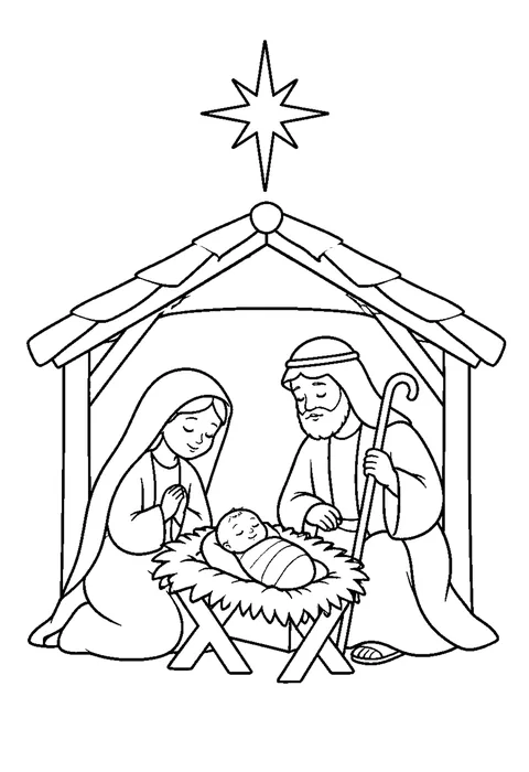 Mary and Joseph beside a baby in a manger under a stable roof with a star above.
