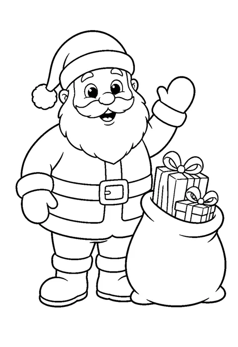 A smiling Santa Claus in a coat and boots beside a sack and two wrapped presents.