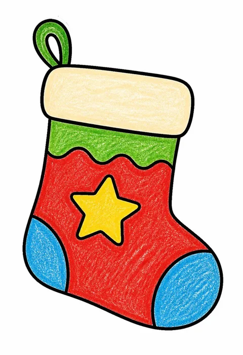 Completed crayon-colored example of the Christmas stocking coloring page