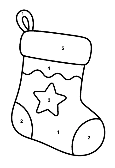 Christmas stocking coloring page with numbered areas and a color key for color by number