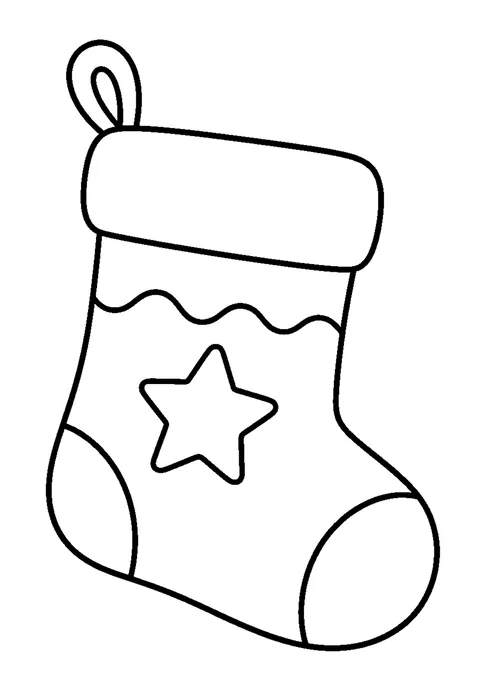 Line drawing of a Christmas stocking with a candy cane and a small parcel poking out of the top.