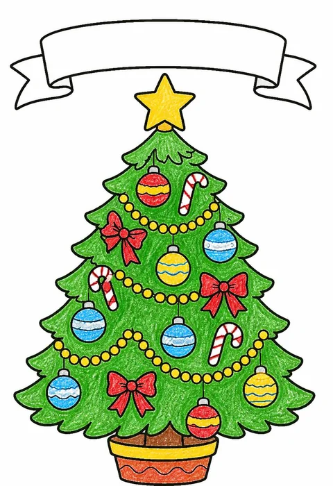 Completed crayon-colored example of the Christmas tree with ornaments coloring page