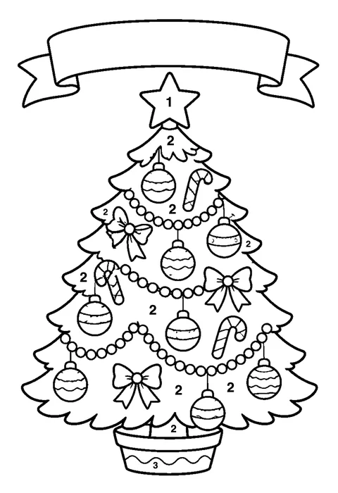 Christmas tree with ornaments coloring page with numbered areas and a color key for color by number