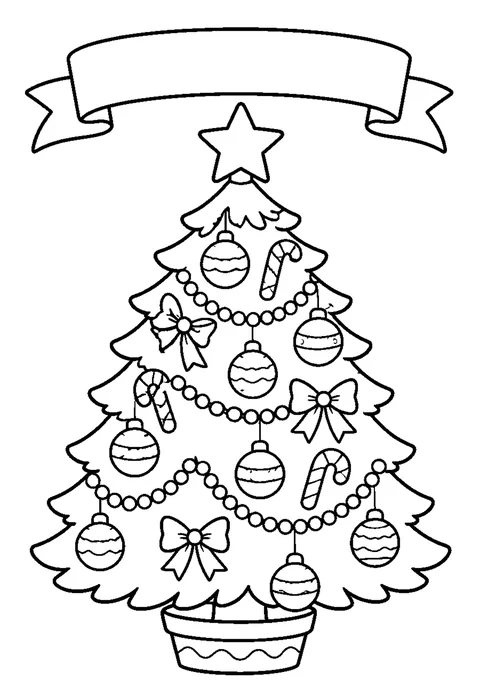 Bold line drawing of a Christmas tree with ten round ornaments and a star on top, under an empty banner.