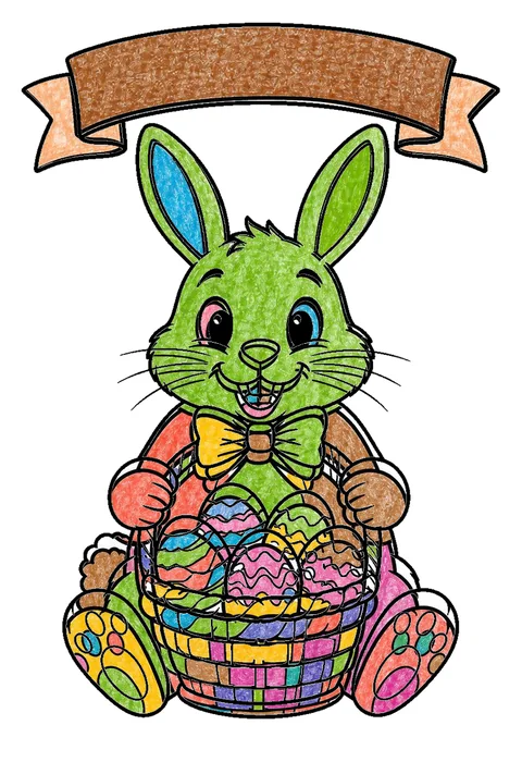Completed crayon-colored example of the Easter bunny with a basket coloring page