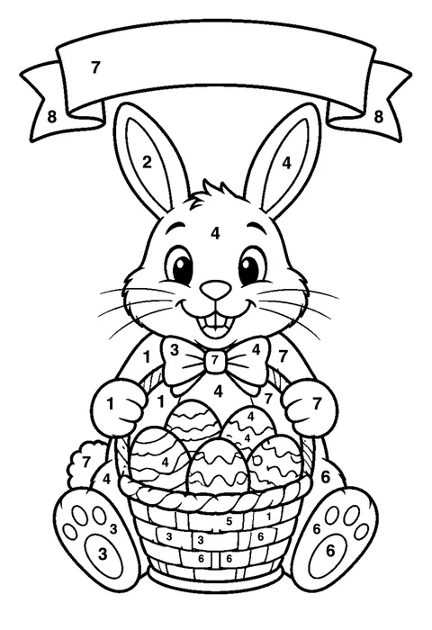 Easter bunny with a basket coloring page with numbered areas and a color key for color by number