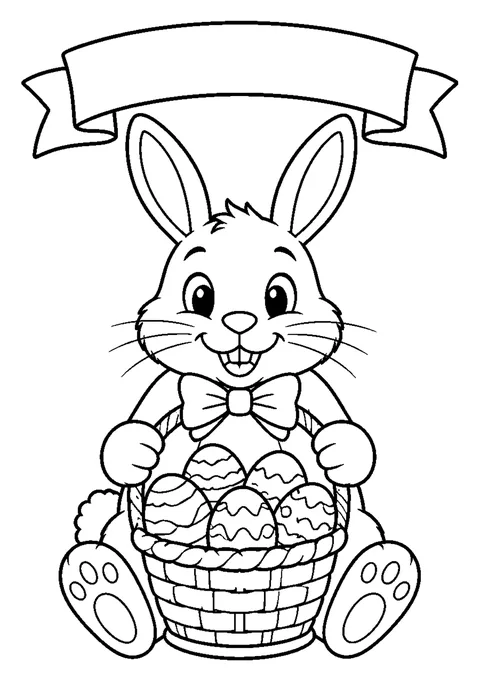 Bold line drawing of a rabbit sitting up holding a basket of eggs, with an empty banner on top.